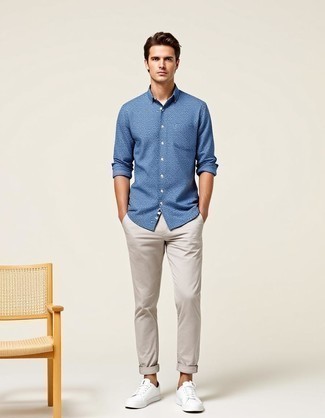 Blue Long Sleeve Shirt · Beige Chinos · White Leather Low Top Sneakers