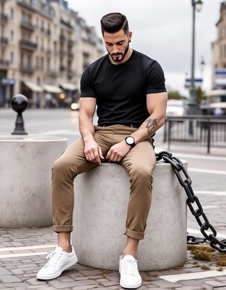 Black Crew-neck T-shirt · Khaki Chinos · White Canvas Low Top Sneakers · Black Leather Watch