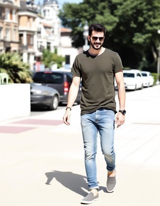 Olive Crew-neck T-shirt · Light Blue Jeans · Grey Canvas Loafers · Brown Sunglasses · Dark Brown Leather Watch · Black Bracelet