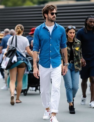 Blue Long Sleeve Shirt · White Crew-neck T-shirt · White Chinos · White and Red Leather Low Top Sneakers · Black Sunglasses · Silver Watch