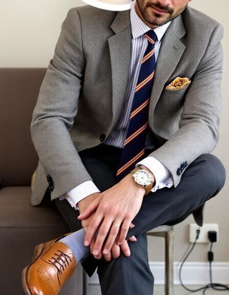 Grey Herringbone Wool Blazer · White Vertical Striped Dress Shirt · Charcoal Wool Dress Pants · Tobacco Leather Brogues · Navy Vertical Striped Tie · Tan Leather Watch