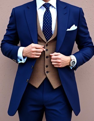 Navy Suit · Brown Houndstooth Wool Waistcoat · Aquamarine Dress Shirt · Navy Polka Dot Tie · Light Blue Pocket Square · Silver Watch