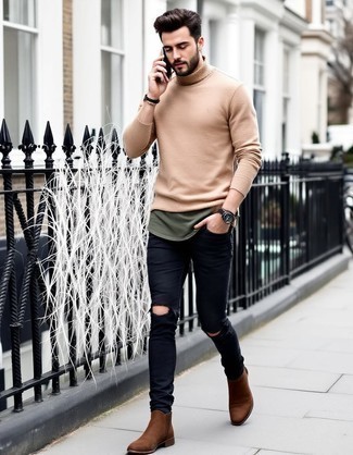 Beige Crew-neck Sweater · Olive Tank · Black Ripped Skinny Jeans · Brown Suede Chelsea Boots · Dark Brown Leather Watch · Dark Brown Bracelet