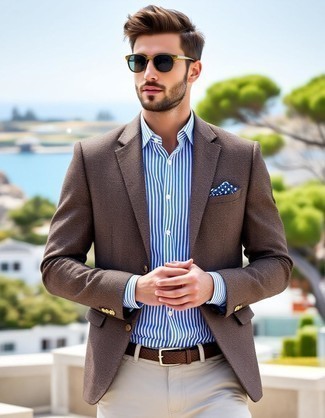 Brown Linen Blazer · White and Navy Vertical Striped Dress Shirt · Beige Linen Dress Pants · Navy and White Polka Dot Pocket Square · Dark Brown Woven Leather Belt