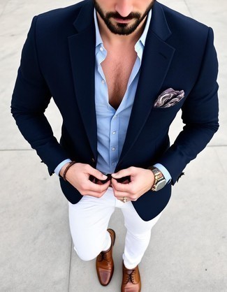 Navy Blazer · Light Blue Long Sleeve Shirt · White Chinos · Brown Leather Double Monks · Navy Paisley Pocket Square · Dark Brown Leather Belt
