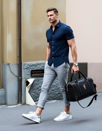 Navy Short Sleeve Shirt · Grey Chinos · White Leather Low Top Sneakers · Black Leather Holdall · Silver Watch