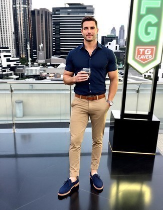 Navy Short Sleeve Shirt · Khaki Chinos · Navy Suede Derby Shoes · Brown Leather Belt · Silver Watch