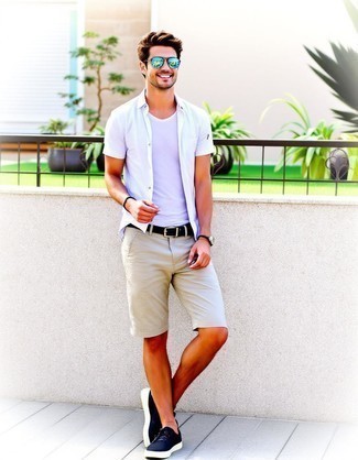 White Short Sleeve Shirt · White Crew-neck T-shirt · Tan Shorts · Black Canvas Low Top Sneakers · Black Leather Belt · Grey Sunglasses