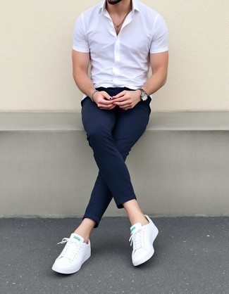 White Short Sleeve Shirt · Black Chinos · White Leather Low Top Sneakers · Charcoal Watch