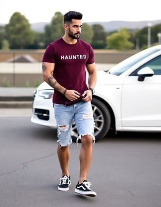 Burgundy Print Crew-neck T-shirt · Light Blue Ripped Denim Shorts · Black Low Top Sneakers · Burgundy Baseball Cap · Black Rubber Watch · Dark Brown Bracelet