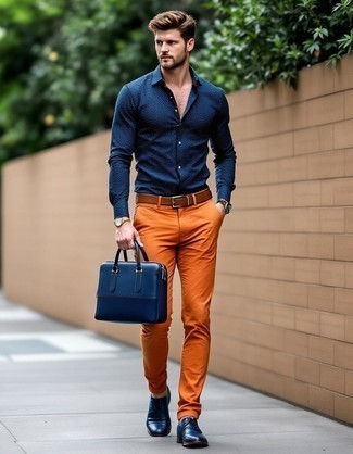 Navy Dress Shirt · Orange Chinos · Navy Leather Oxford Shoes · Navy Leather Briefcase · Dark Brown Leather Belt · Brown Leather Watch
