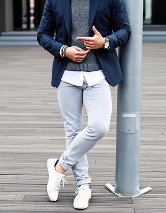 Navy Wool Blazer · Grey Cable Sweater · White Dress Shirt · Grey Skinny Jeans · White Leather Low Top Sneakers · Black Leather Watch