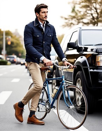 Navy Field Jacket · Grey Zip Neck Sweater · White Dress Shirt · Khaki Chinos · Tobacco Suede Desert Boots · Gold Watch