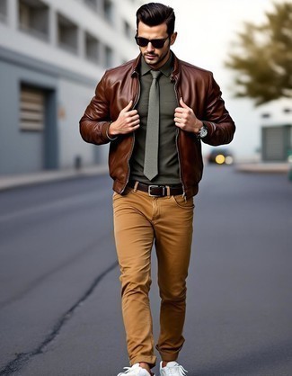 Brown Leather Bomber Jacket · Olive Dress Shirt · Khaki Corduroy Jeans · White Low Top Sneakers · Olive Tie · Dark Brown Leather Belt