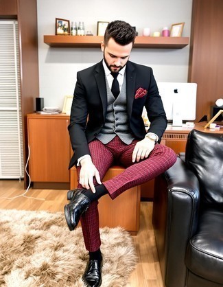 Black Blazer · Grey Wool Waistcoat · White Dress Shirt · Burgundy Check Dress Pants · Black Leather Derby Shoes · Black Knit Tie