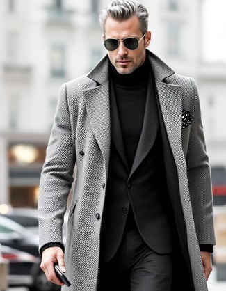 Grey Herringbone Overcoat · Black Wool Blazer · Black Turtleneck · Black Wool Dress Pants · Black and White Polka Dot Pocket Square · Black Sunglasses
