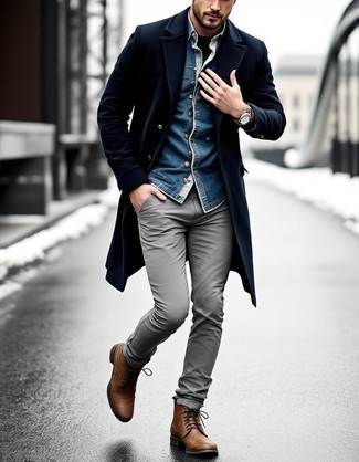 Black Overcoat · Blue Denim Jacket · Grey Chinos · Brown Leather Brogue Boots · Silver Watch