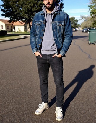Blue Denim Jacket · Grey Hoodie · Charcoal Chinos · Beige High Top Sneakers