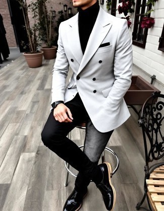 Grey Double Breasted Blazer · Black Turtleneck · Black Dress Pants · Black Suede Chelsea Boots · Black Leather Watch