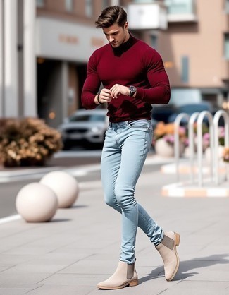 Burgundy Turtleneck · Light Blue Skinny Jeans · Beige Suede Chelsea Boots · Black Watch · Dark Brown Bracelet
