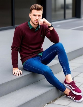 Burgundy Crew-neck Sweater · Dark Green Long Sleeve Shirt · Blue Skinny Jeans · Burgundy Suede Low Top Sneakers · Black Leather Watch