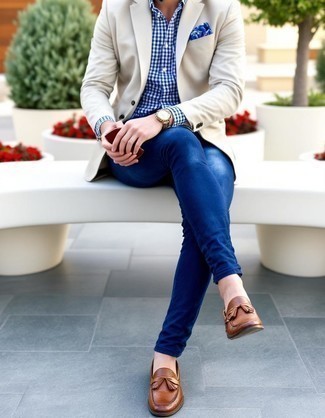 Beige Blazer · Navy and White Gingham Dress Shirt · Blue Skinny Jeans · Brown Leather Tassel Loafers · Navy Print Pocket Square · Brown Leather Watch