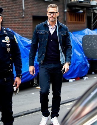 Navy Denim Jacket · Black Cardigan · Light Violet Long Sleeve Shirt · White Henley Shirt · Black Dress Pants · White Canvas High Top Sneakers