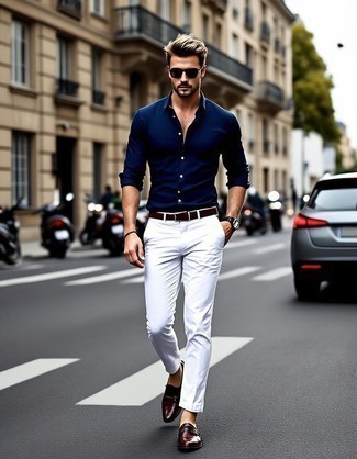 Navy Dress Shirt · White Chinos · Dark Brown Leather Tassel Loafers · Dark Brown Woven Leather Belt · Dark Brown Sunglasses · Dark Brown Leather Watch