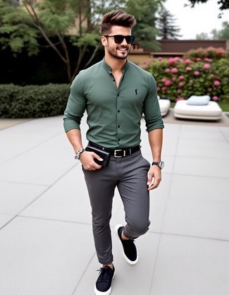 Olive Long Sleeve Shirt · Grey Wool Chinos · Black Leather Low Top Sneakers · Black Leather Belt · Dark Brown Sunglasses · Silver Watch