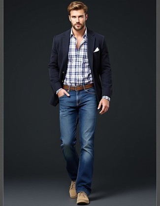 Black Blazer · White and Navy Plaid Dress Shirt · Blue Jeans · Olive Suede Low Top Sneakers · White Pocket Square · Brown Leather Belt