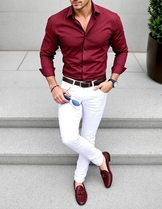 Burgundy Dress Shirt · White Skinny Jeans · Burgundy Leather Tassel Loafers · Dark Brown Woven Leather Belt · Light Blue Sunglasses · Navy Leather Watch