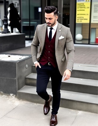 Brown Check Blazer · Burgundy Cardigan · White Dress Shirt · Black Dress Pants · Brown Leather Oxford Shoes · Black Tie