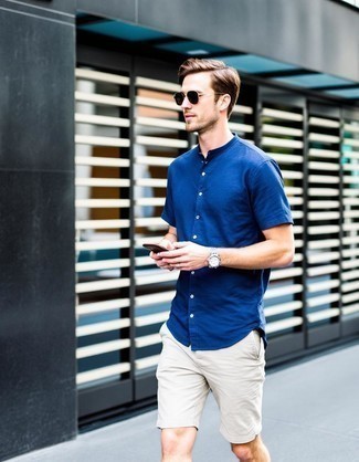 Navy Short Sleeve Shirt · Beige Shorts · Dark Brown Sunglasses · Grey Canvas Watch