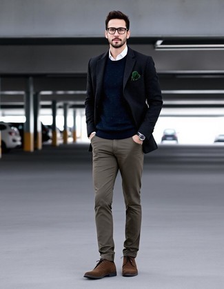 Black Blazer · Navy Knit Crew-neck Sweater · White Dress Shirt · Charcoal Chinos · Dark Brown Suede Desert Boots · Black Leather Watch