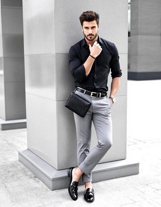Black Dress Shirt · Grey Wool Dress Pants · Black Leather Tassel Loafers · Black Leather Zip Pouch · Black Woven Leather Belt · Silver Watch