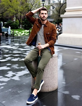 Navy Denim Shirt · Brown Suede Dress Shirt · White and Black Horizontal Striped Crew-neck T-shirt · Olive Chinos · Navy Suede Low Top Sneakers