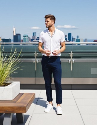 White Short Sleeve Shirt · Navy Chinos · White Low Top Sneakers