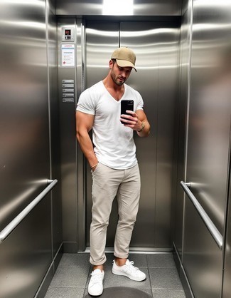 White Crew-neck T-shirt · Beige Chinos · White Low Top Sneakers · Tan Baseball Cap