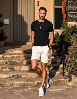 Black Crew-neck T-shirt · White Denim Shorts · White Low Top Sneakers · Silver Watch
