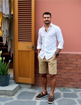 White Linen Long Sleeve Shirt · Tan Shorts · Dark Brown Leather Boat Shoes · Silver Watch