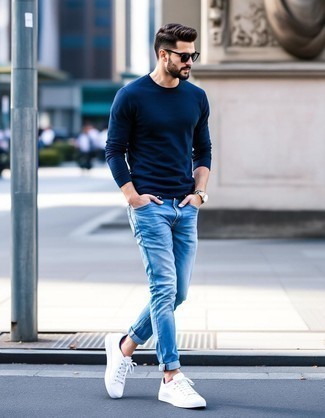 Navy Crew-neck Sweater · Blue Jeans · White Low Top Sneakers