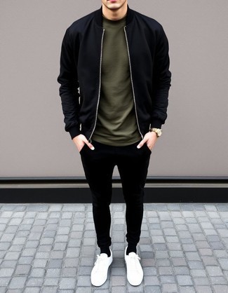 Black Bomber Jacket · Olive Crew-neck T-shirt · Black Sweatpants · White Leather Low Top Sneakers · Gold Watch · Black Socks