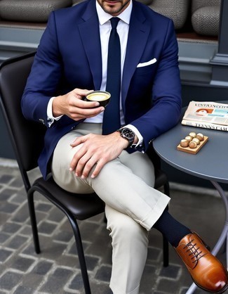 Navy Blazer · White Dress Shirt · Beige Dress Pants · Brown Leather Oxford Shoes · Navy Tie · White Pocket Square