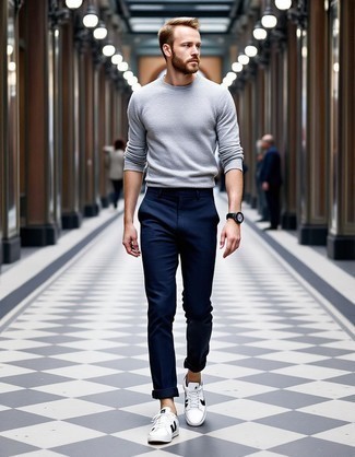 Grey Crew-neck Sweater · Navy Chinos · White Leather Low Top Sneakers · Black Leather Watch