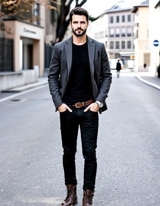 Charcoal Wool Blazer · Black Crew-neck T-shirt · Black Jeans · Dark Brown Leather Casual Boots · Tan Leather Belt · Silver Watch