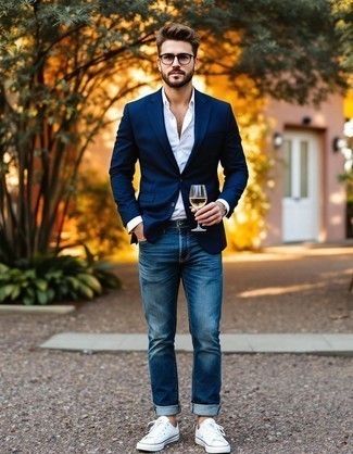 Navy Blazer · White Dress Shirt · Blue Jeans · White Canvas Low Top Sneakers