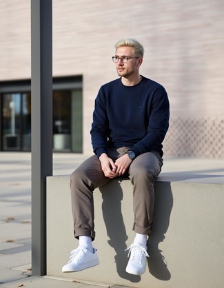 Navy Sweatshirt · Grey Jeans · White Low Top Sneakers · Brown Leather Watch · White Socks