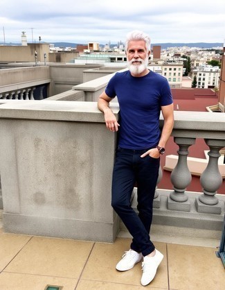 Navy Crew-neck T-shirt · Navy Chinos · White Leather Low Top Sneakers · Brown Leather Watch