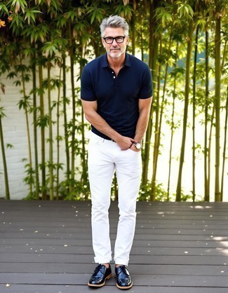 Navy Polo · White Jeans · Black Leather Derby Shoes · Silver Watch