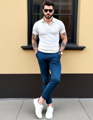 White Polo · Navy Chinos · White Low Top Sneakers · Black Sunglasses · Brown Leather Watch